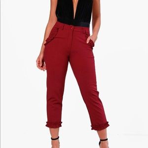 BooHoo Burgundy Frill High Waisted Slim Leg Pants